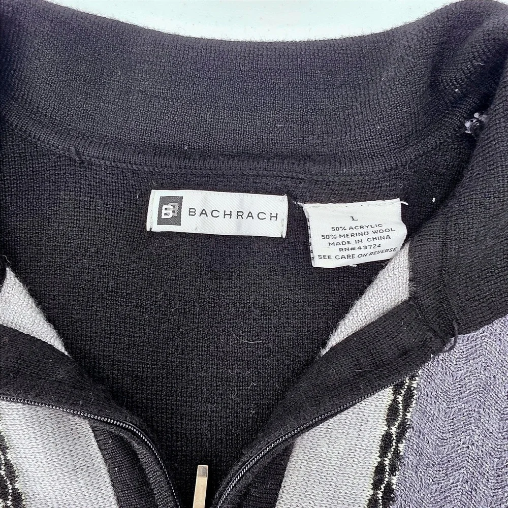 Bachrach Men Black Gray Stripe Quarter Zip‎ Sweater Merino Wool Blend Size L